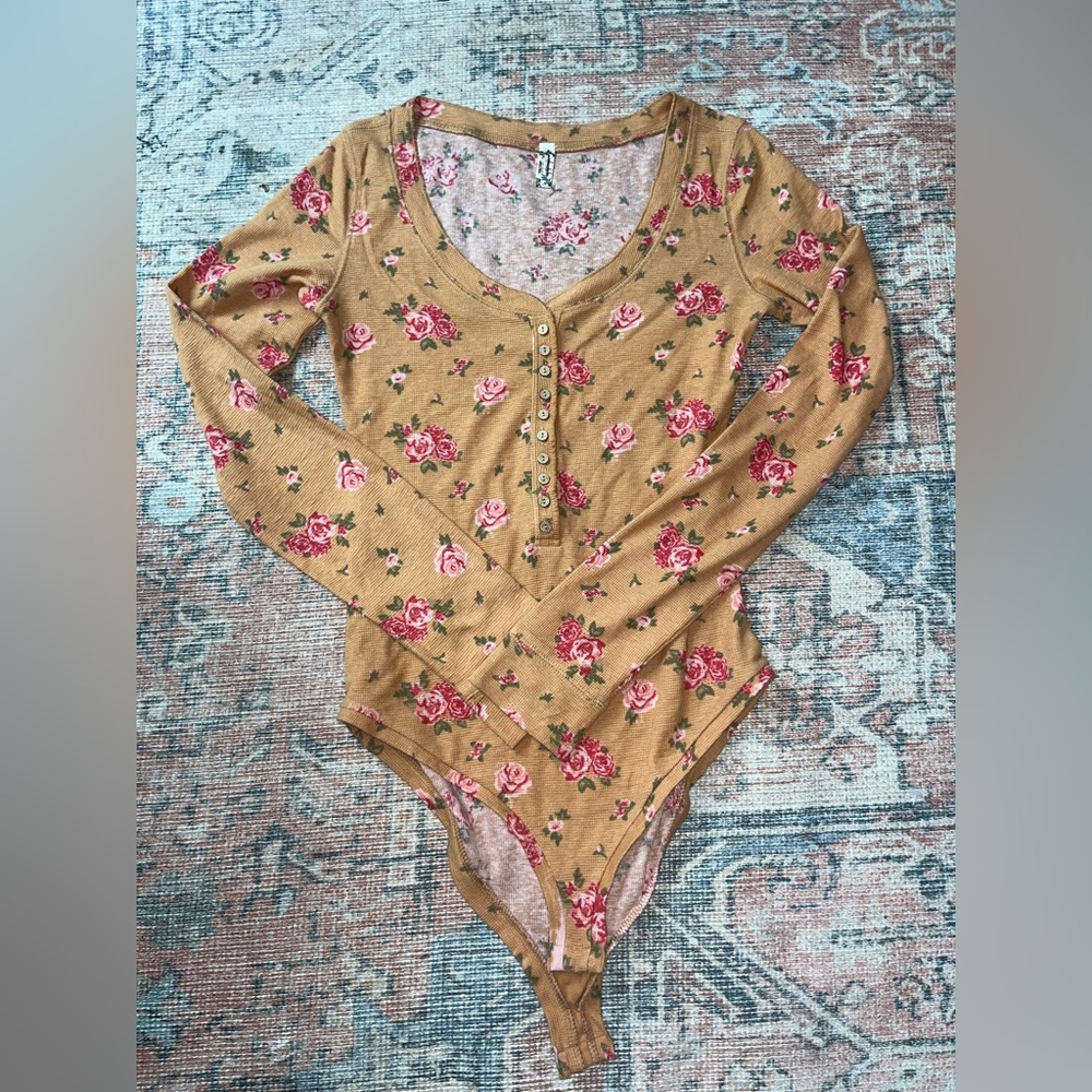 Floral Long-Sleeve Bodysuit - Mustard Free People Size Small